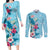 Hawaii Tropical Flowers Couples Matching Long Sleeve Bodycon Dress and Long Sleeve Button Shirt Polynesian Tattoo Sky Blue