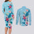 Hawaii Tropical Flowers Couples Matching Long Sleeve Bodycon Dress and Long Sleeve Button Shirt Polynesian Tattoo Sky Blue