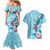 Hawaii Tropical Flowers Couples Matching Mermaid Dress and Hawaiian Shirt Polynesian Tattoo Sky Blue