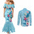 Hawaii Tropical Flowers Couples Matching Mermaid Dress and Long Sleeve Button Shirt Polynesian Tattoo Sky Blue