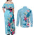 Hawaii Tropical Flowers Couples Matching Off Shoulder Maxi Dress and Long Sleeve Button Shirt Polynesian Tattoo Sky Blue