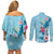 Hawaii Tropical Flowers Couples Matching Off Shoulder Short Dress and Long Sleeve Button Shirt Polynesian Tattoo Sky Blue