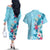 Hawaii Tropical Flowers Couples Matching Off The Shoulder Long Sleeve Dress and Hawaiian Shirt Polynesian Tattoo Sky Blue