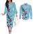 Hawaii Tropical Flowers Couples Matching Off The Shoulder Long Sleeve Dress and Long Sleeve Button Shirt Polynesian Tattoo Sky Blue