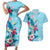 Hawaii Tropical Flowers Couples Matching Short Sleeve Bodycon Dress and Hawaiian Shirt Polynesian Tattoo Sky Blue