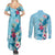 Hawaii Tropical Flowers Couples Matching Summer Maxi Dress and Long Sleeve Button Shirt Polynesian Tattoo Sky Blue