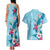 Hawaii Tropical Flowers Couples Matching Tank Maxi Dress and Hawaiian Shirt Polynesian Tattoo Sky Blue