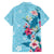 Hawaii Tropical Flowers Family Matching Long Sleeve Bodycon Dress and Hawaiian Shirt Polynesian Tattoo Sky Blue