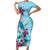 Hawaii Tropical Flowers Family Matching Short Sleeve Bodycon Dress and Hawaiian Shirt Polynesian Tattoo Sky Blue