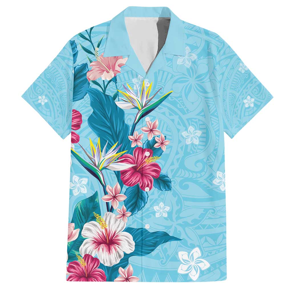 Hawaii Tropical Flowers Hawaiian Shirt Polynesian Tattoo Sky Blue LT05 Blue - Polynesian Pride