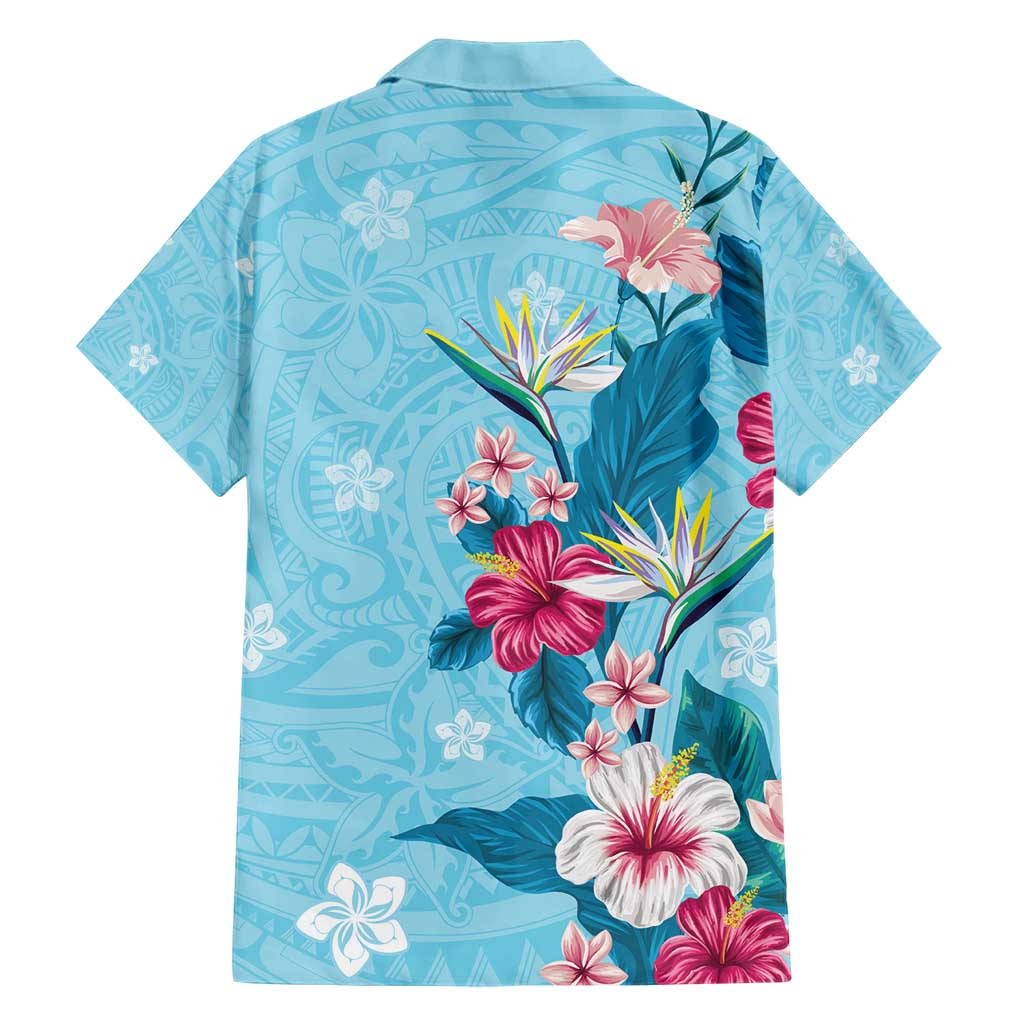 Hawaii Tropical Flowers Hawaiian Shirt Polynesian Tattoo Sky Blue LT05 - Polynesian Pride