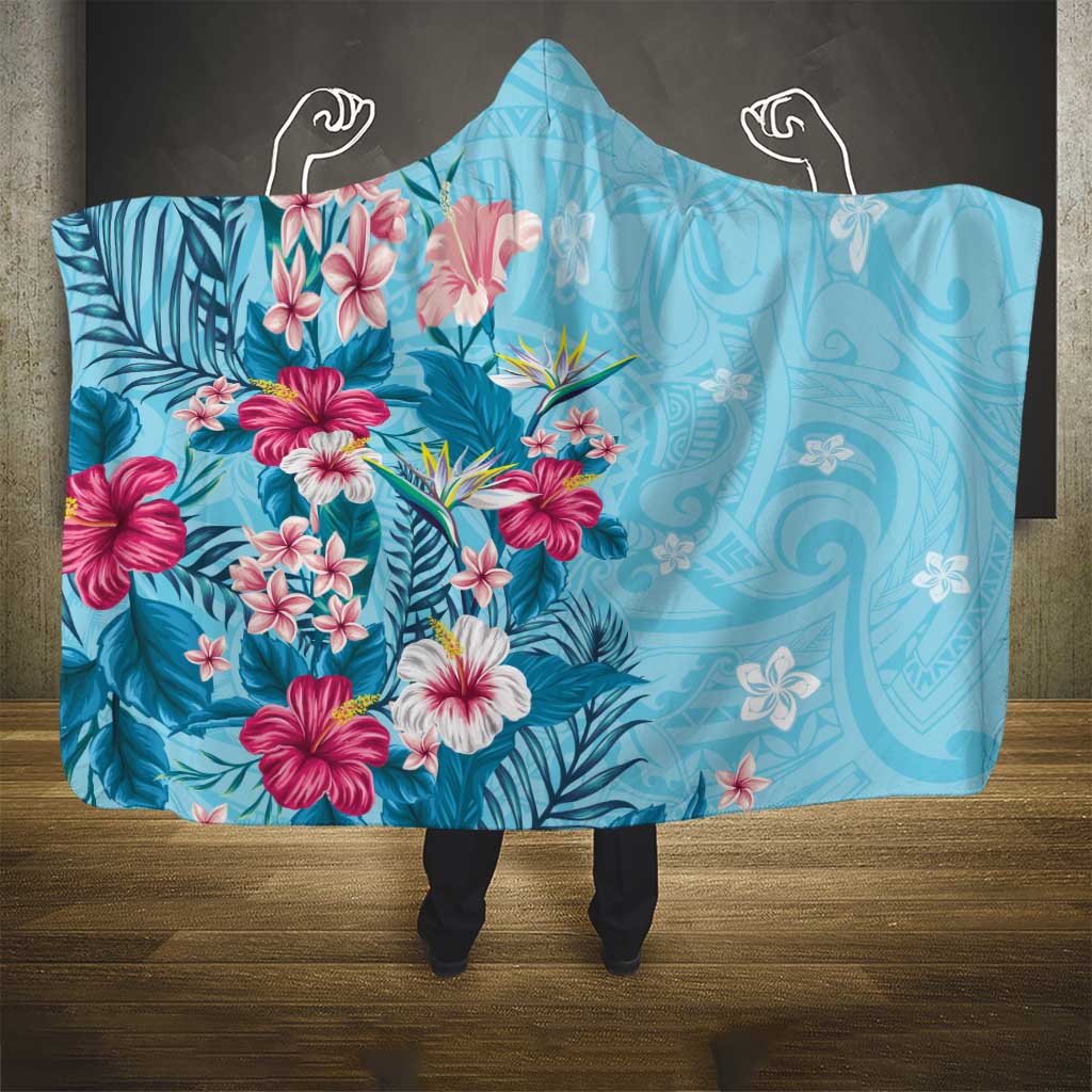 Hawaii Tropical Flowers Hooded Blanket Polynesian Tattoo Sky Blue LT05 - Polynesian Pride