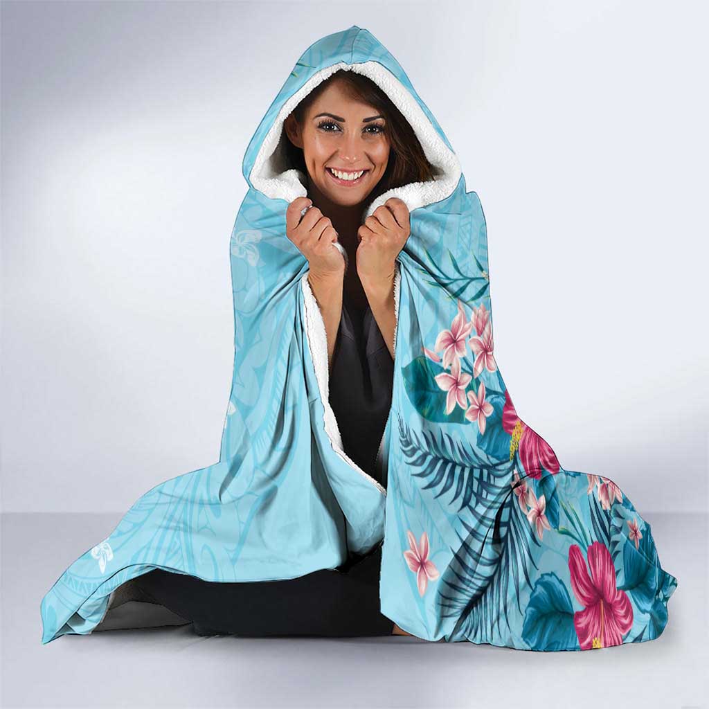 Hawaii Tropical Flowers Hooded Blanket Polynesian Tattoo Sky Blue LT05 - Polynesian Pride