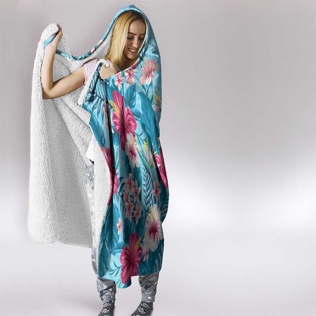 Hawaii Tropical Flowers Hooded Blanket Polynesian Tattoo Sky Blue LT05 - Polynesian Pride