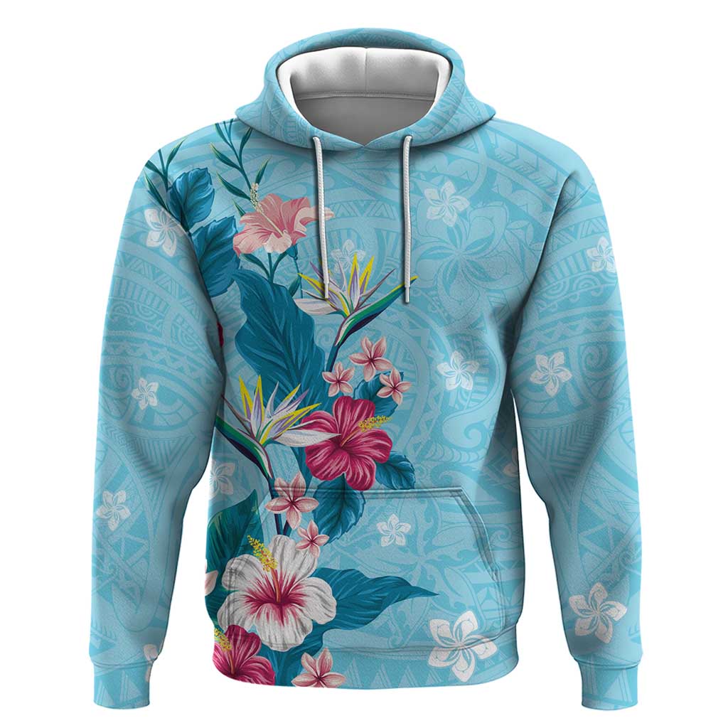 Hawaii Tropical Flowers Hoodie Polynesian Tattoo Sky Blue LT05 Pullover Hoodie Blue - Polynesian Pride