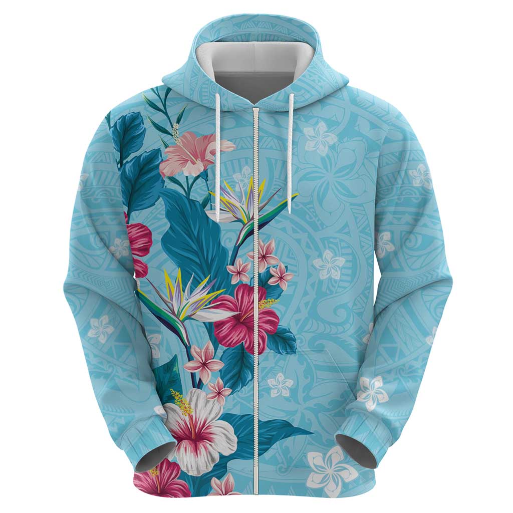 Hawaii Tropical Flowers Hoodie Polynesian Tattoo Sky Blue LT05 - Polynesian Pride