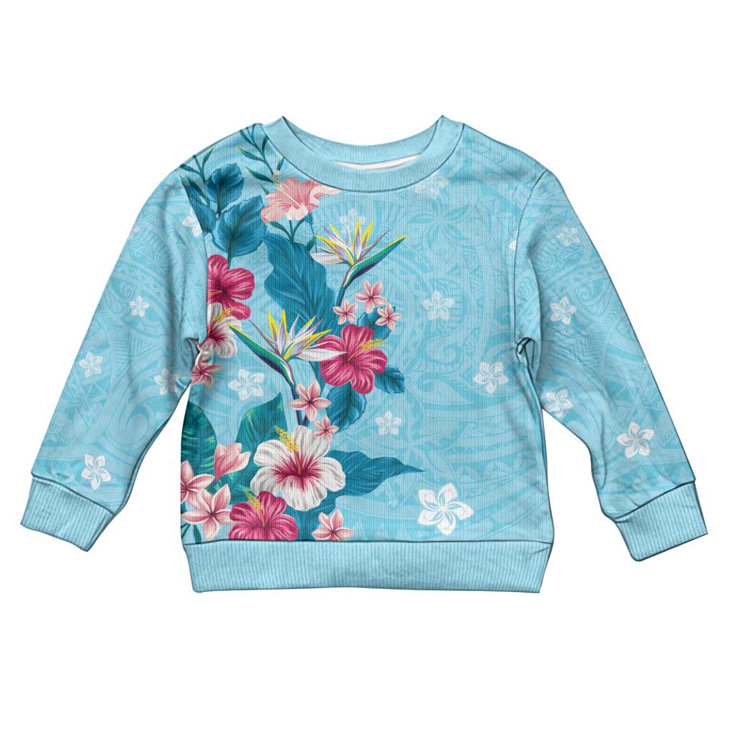 Hawaii Tropical Flowers Kid Ugly Christmas Sweater Polynesian Tattoo Sky Blue LT05 Kid Blue - Polynesian Pride