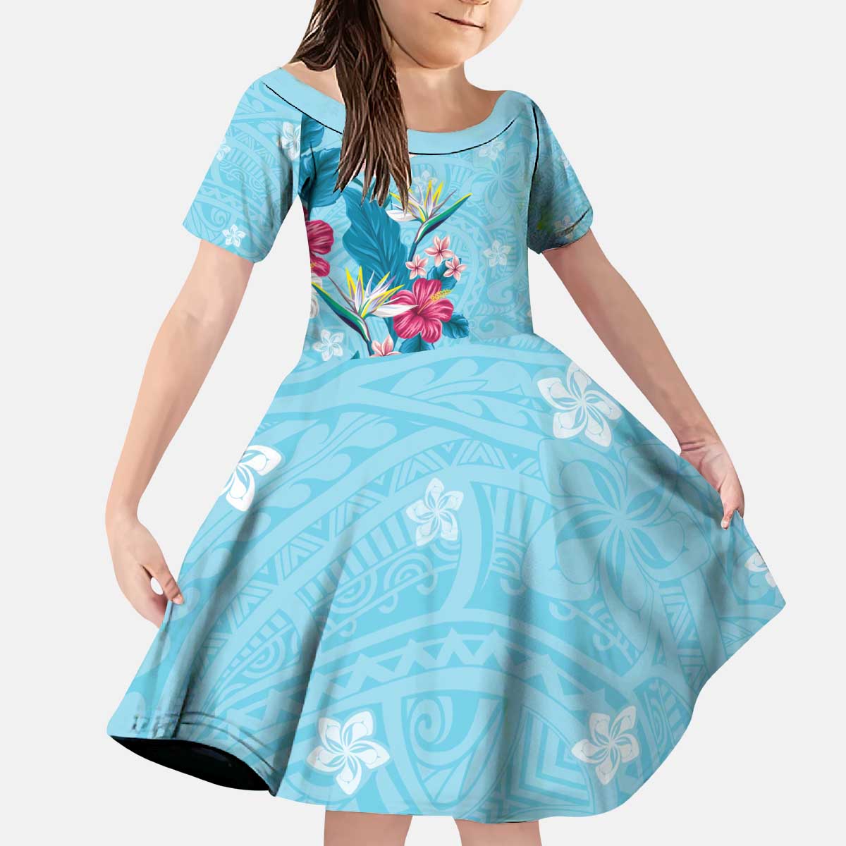 Hawaii Tropical Flowers Kid Short Sleeve Dress Polynesian Tattoo Sky Blue LT05 KID Blue - Polynesian Pride