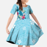 Hawaii Tropical Flowers Kid Short Sleeve Dress Polynesian Tattoo Sky Blue LT05 KID Blue - Polynesian Pride