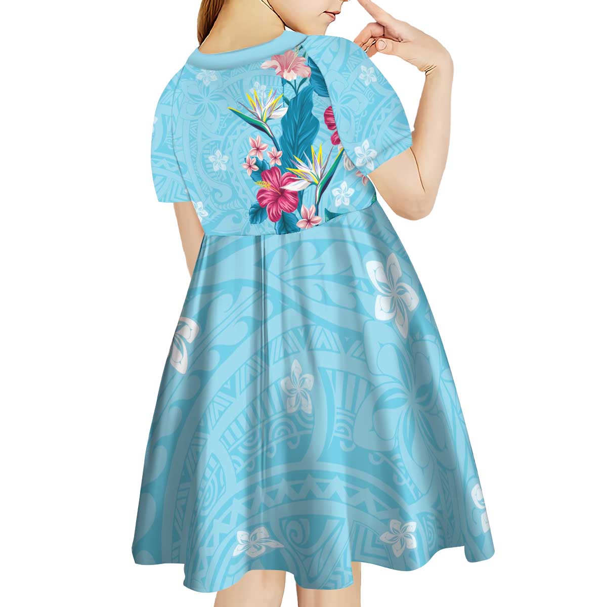 Hawaii Tropical Flowers Kid Short Sleeve Dress Polynesian Tattoo Sky Blue LT05 - Polynesian Pride