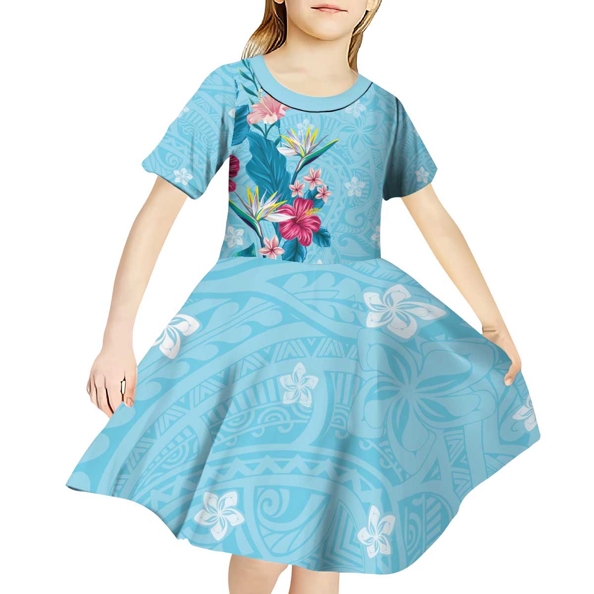 Hawaii Tropical Flowers Kid Short Sleeve Dress Polynesian Tattoo Sky Blue LT05 - Polynesian Pride