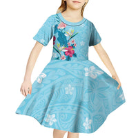 Hawaii Tropical Flowers Kid Short Sleeve Dress Polynesian Tattoo Sky Blue LT05 - Polynesian Pride