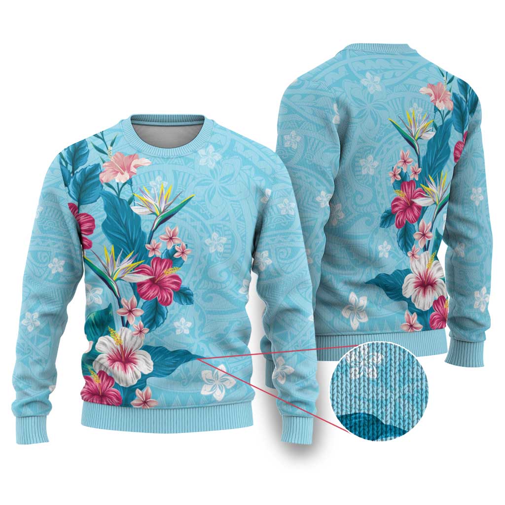 Hawaii Tropical Flowers Ugly Christmas Sweater Polynesian Tattoo Sky Blue LT05 Blue - Polynesian Pride