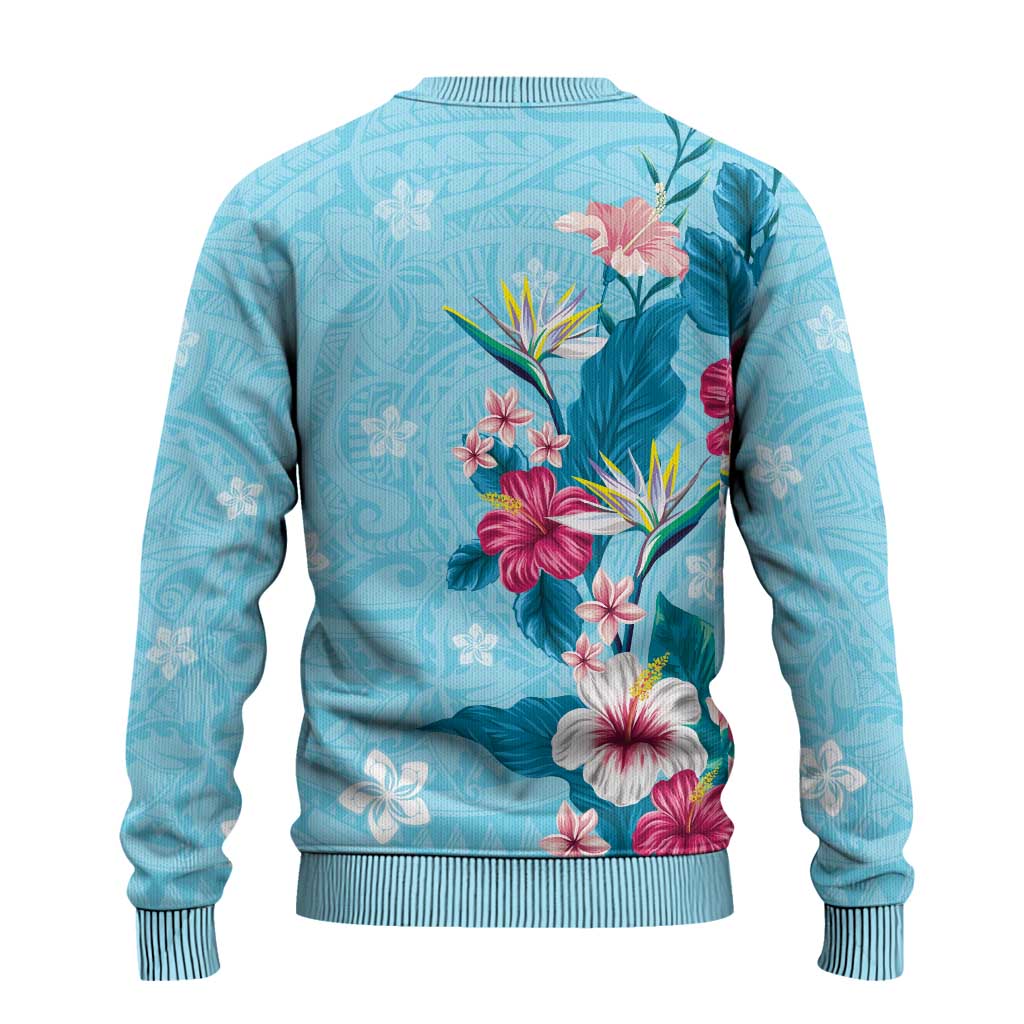 Hawaii Tropical Flowers Ugly Christmas Sweater Polynesian Tattoo Sky Blue LT05 - Polynesian Pride