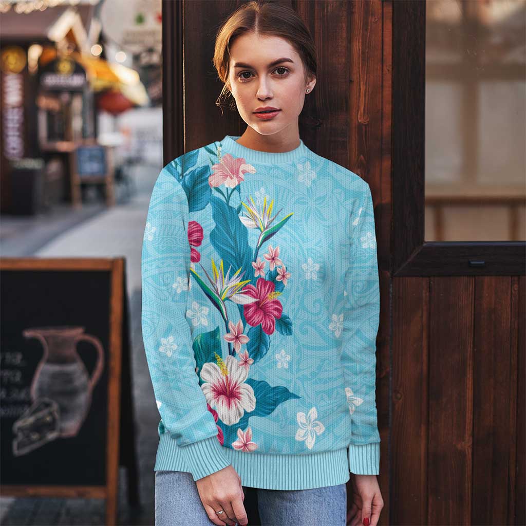 Hawaii Tropical Flowers Ugly Christmas Sweater Polynesian Tattoo Sky Blue LT05 - Polynesian Pride