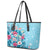 Hawaii Tropical Flowers Leather Tote Bag Polynesian Tattoo Sky Blue