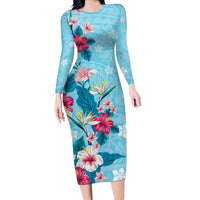 Hawaii Tropical Flowers Long Sleeve Bodycon Dress Polynesian Tattoo Sky Blue LT05 Long Dress Blue - Polynesian Pride