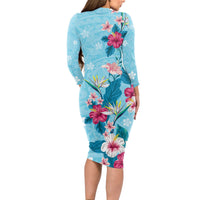 Hawaii Tropical Flowers Long Sleeve Bodycon Dress Polynesian Tattoo Sky Blue LT05 - Polynesian Pride