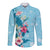 Hawaii Tropical Flowers Long Sleeve Button Shirt Polynesian Tattoo Sky Blue