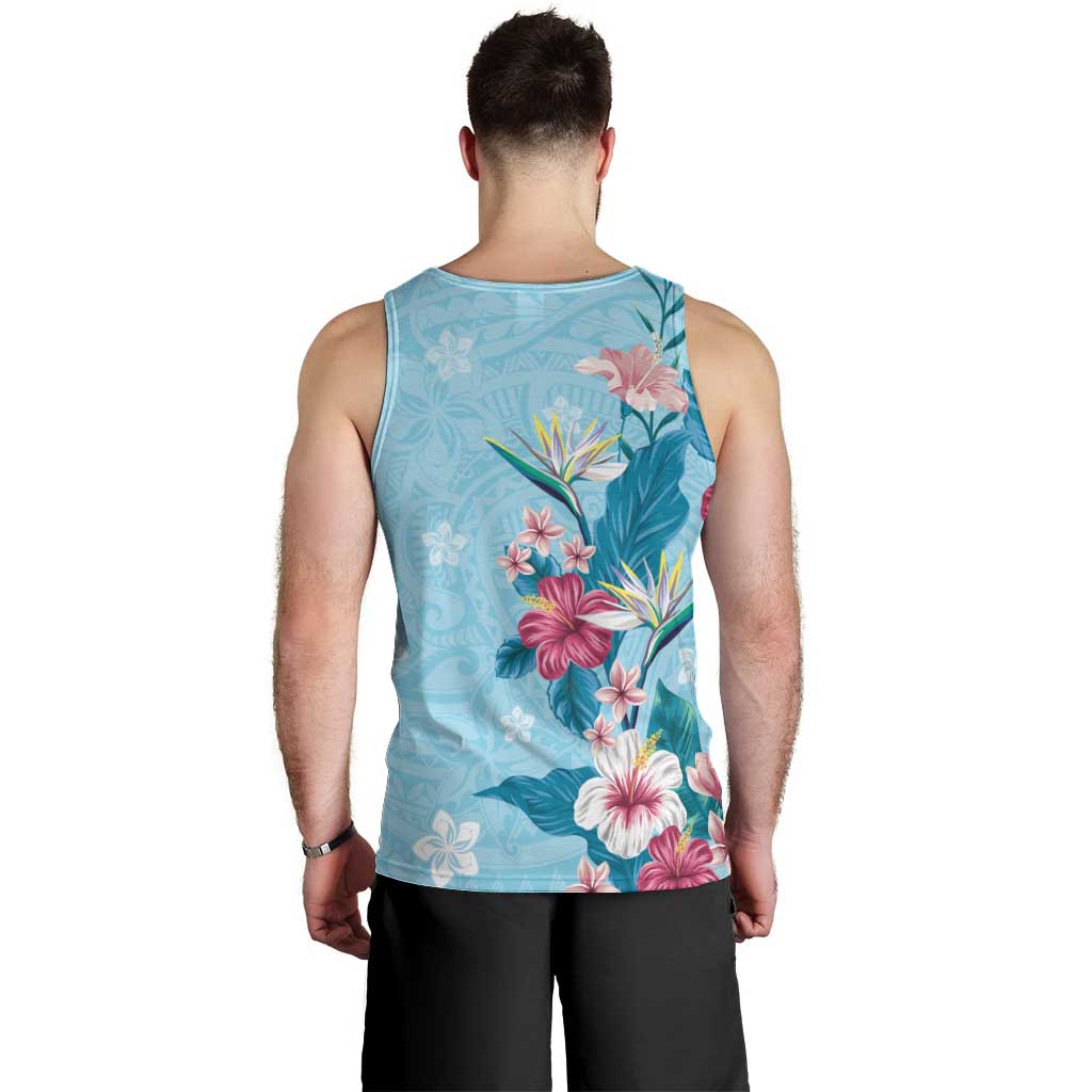 Hawaii Tropical Flowers Men Tank Top Polynesian Tattoo Sky Blue LT05 - Polynesian Pride