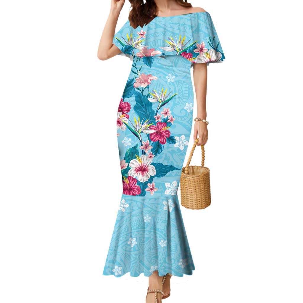 Hawaii Tropical Flowers Mermaid Dress Polynesian Tattoo Sky Blue LT05 Women Blue - Polynesian Pride