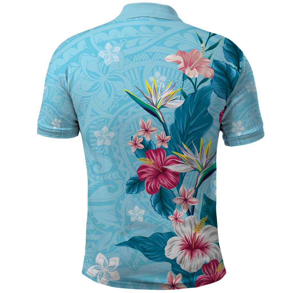 Hawaii Tropical Flowers Polo Shirt Polynesian Tattoo Sky Blue LT05 - Polynesian Pride