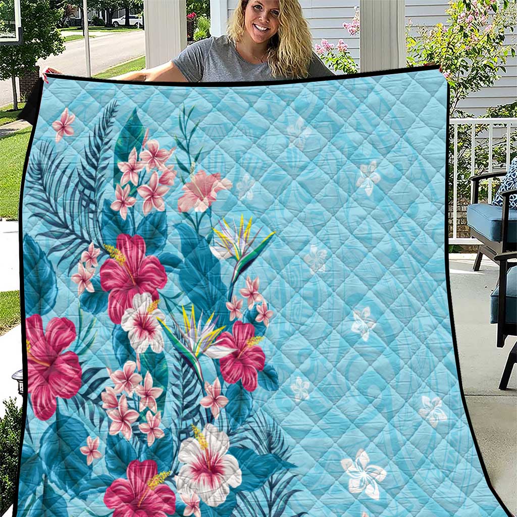 Hawaii Tropical Flowers Quilt Polynesian Tattoo Sky Blue LT05 Blue - Polynesian Pride