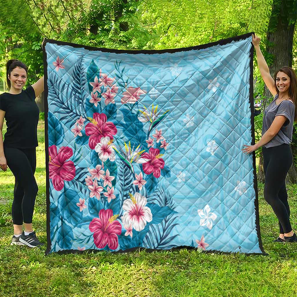 Hawaii Tropical Flowers Quilt Polynesian Tattoo Sky Blue LT05 - Polynesian Pride