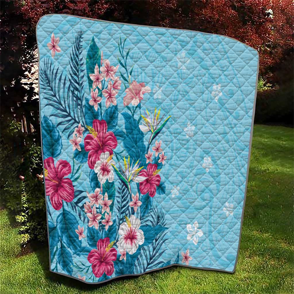 Hawaii Tropical Flowers Quilt Polynesian Tattoo Sky Blue LT05 - Polynesian Pride