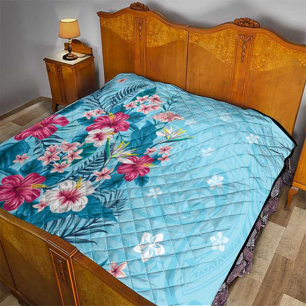 Hawaii Tropical Flowers Quilt Polynesian Tattoo Sky Blue LT05 - Polynesian Pride