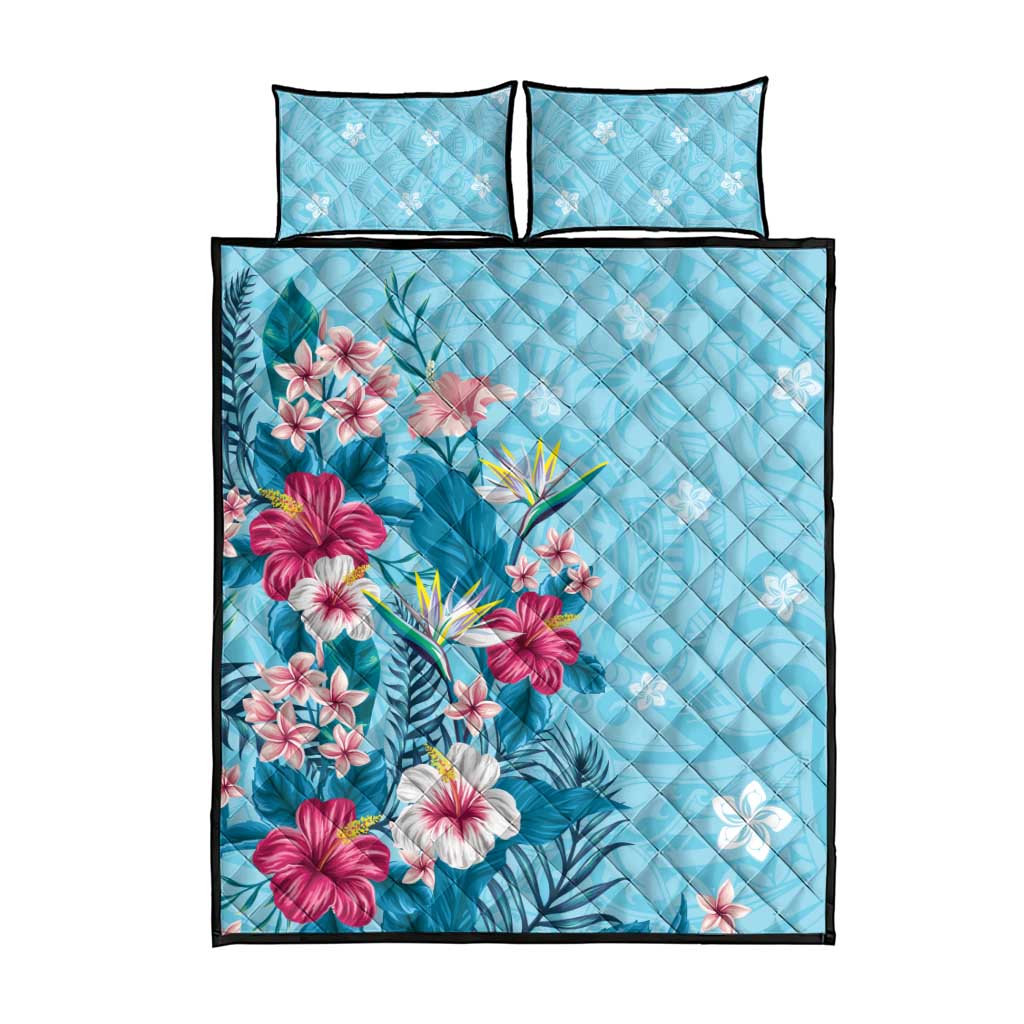 Hawaii Tropical Flowers Quilt Bed Set Polynesian Tattoo Sky Blue LT05 - Polynesian Pride