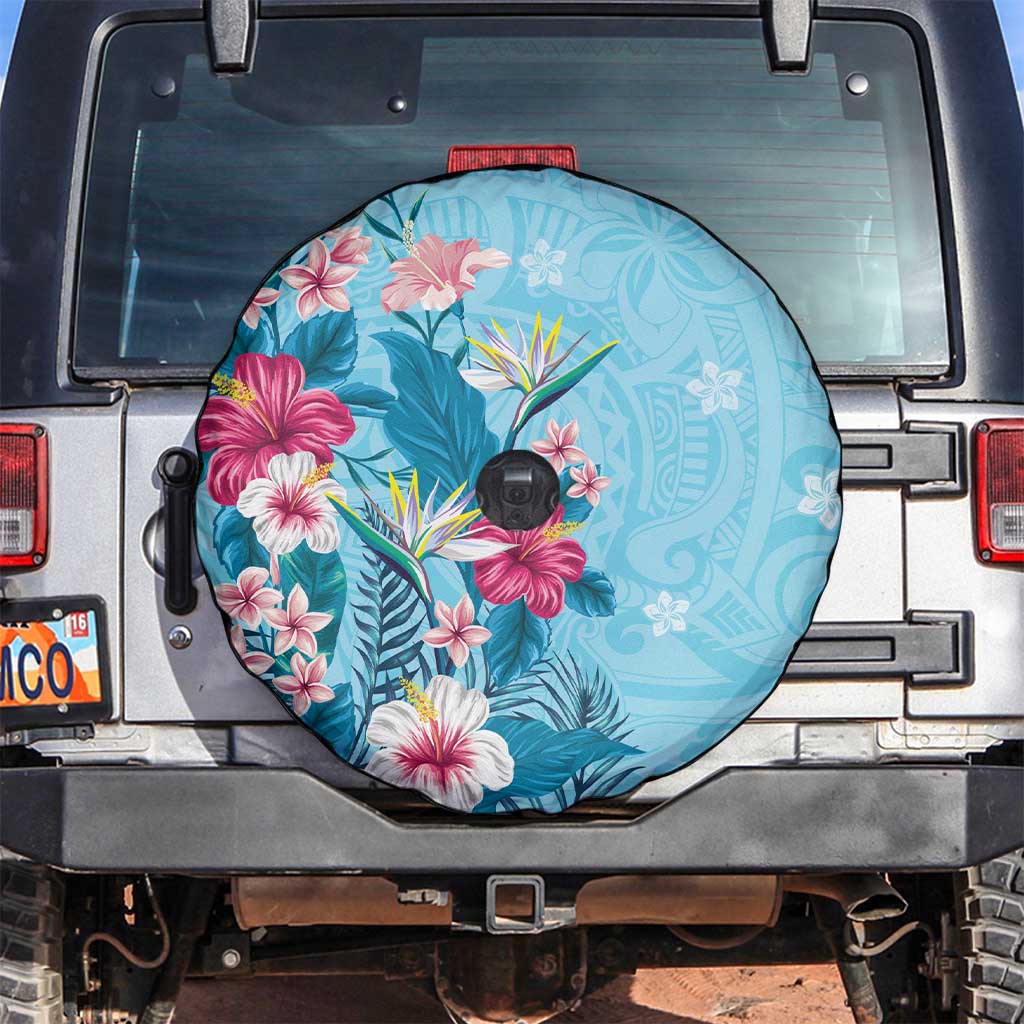 Hawaii Tropical Flowers Spare Tire Cover Polynesian Tattoo Sky Blue