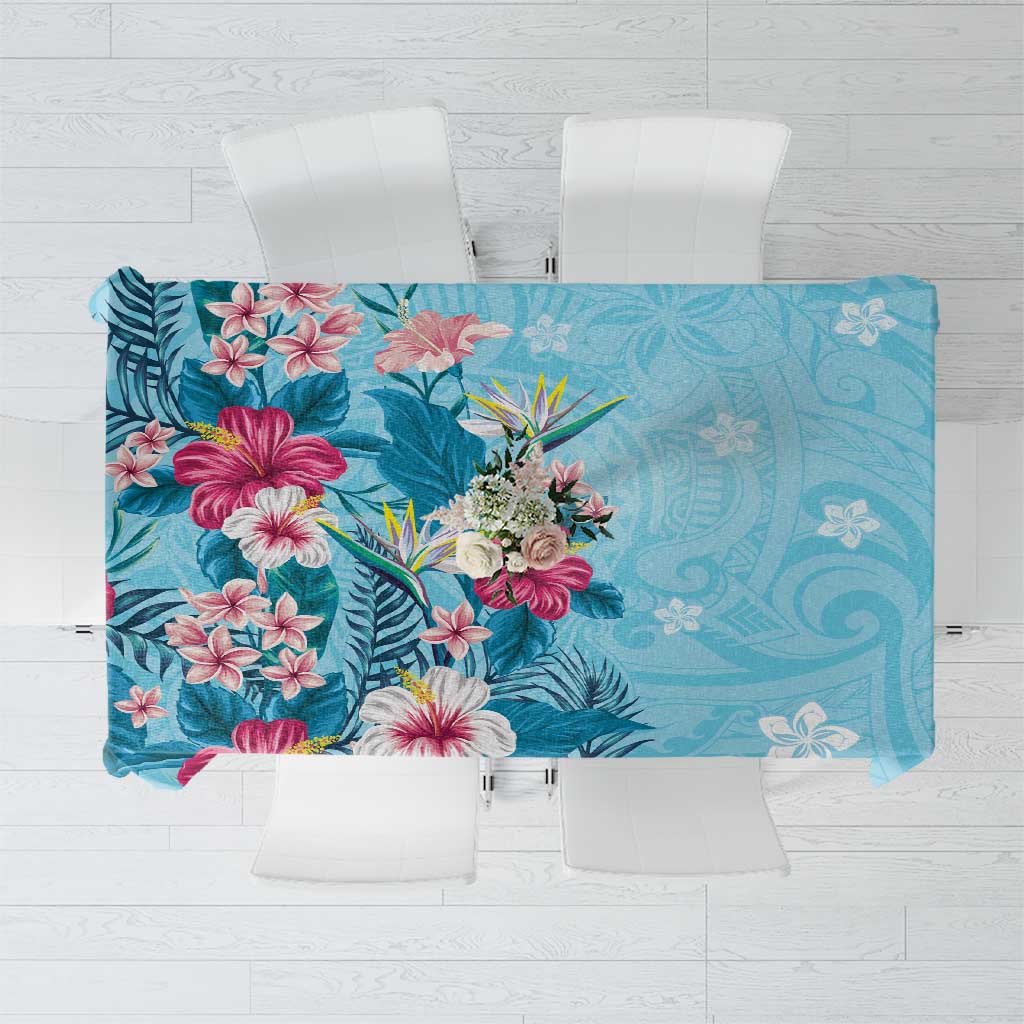 Hawaii Tropical Flowers Tablecloth Polynesian Tattoo Sky Blue