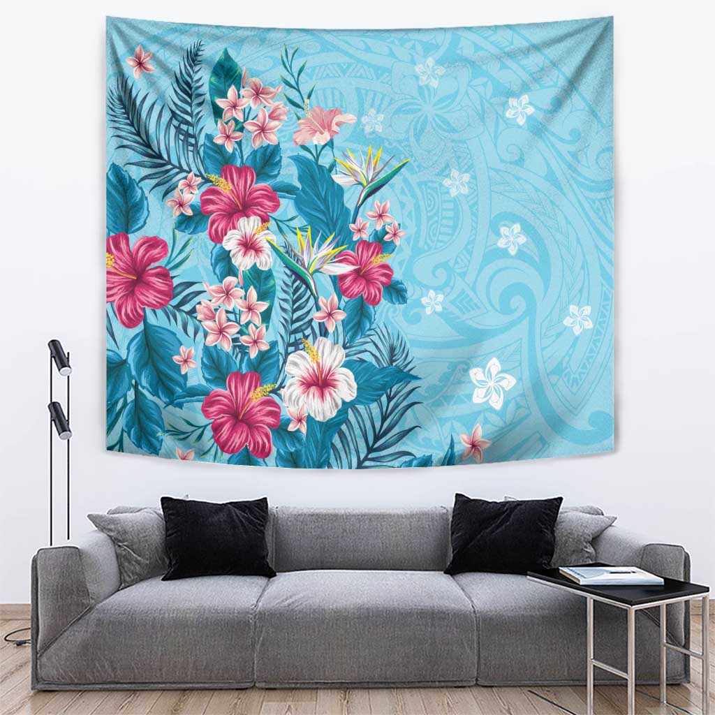 Hawaii Tropical Flowers Tapestry Polynesian Tattoo Sky Blue LT05 Blue - Polynesian Pride