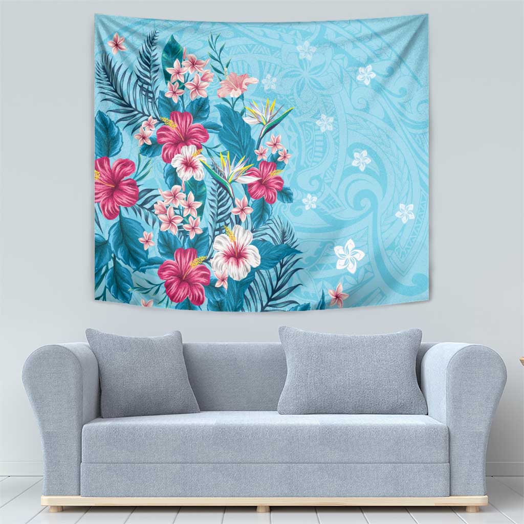 Hawaii Tropical Flowers Tapestry Polynesian Tattoo Sky Blue LT05 - Polynesian Pride