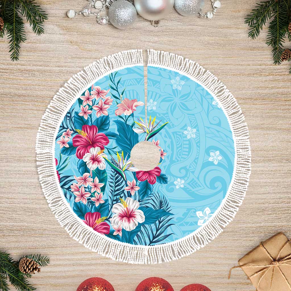 Hawaii Tropical Flowers Tree Skirt Polynesian Tattoo Sky Blue LT05 Fringed Blue - Polynesian Pride