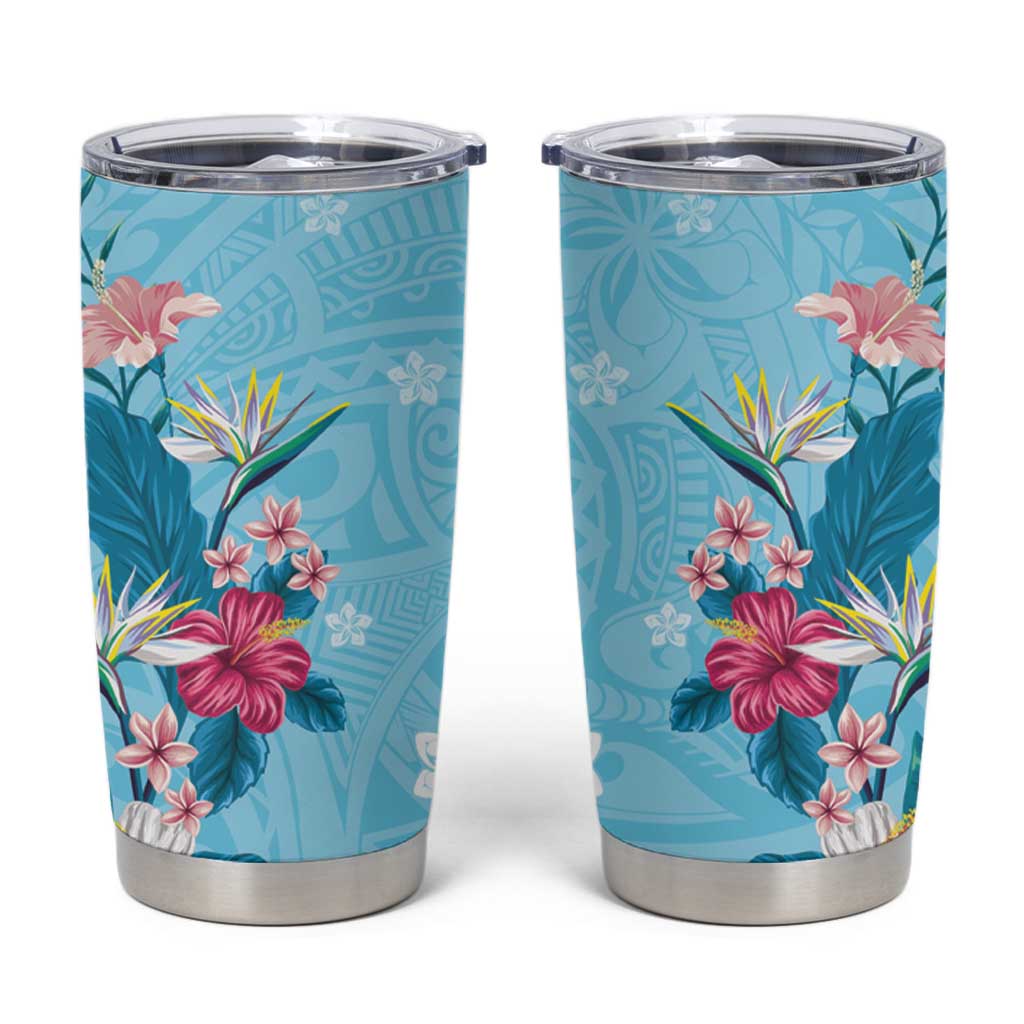 Hawaii Tropical Flowers Tumbler Cup Polynesian Tattoo Sky Blue LT05 Blue - Polynesian Pride