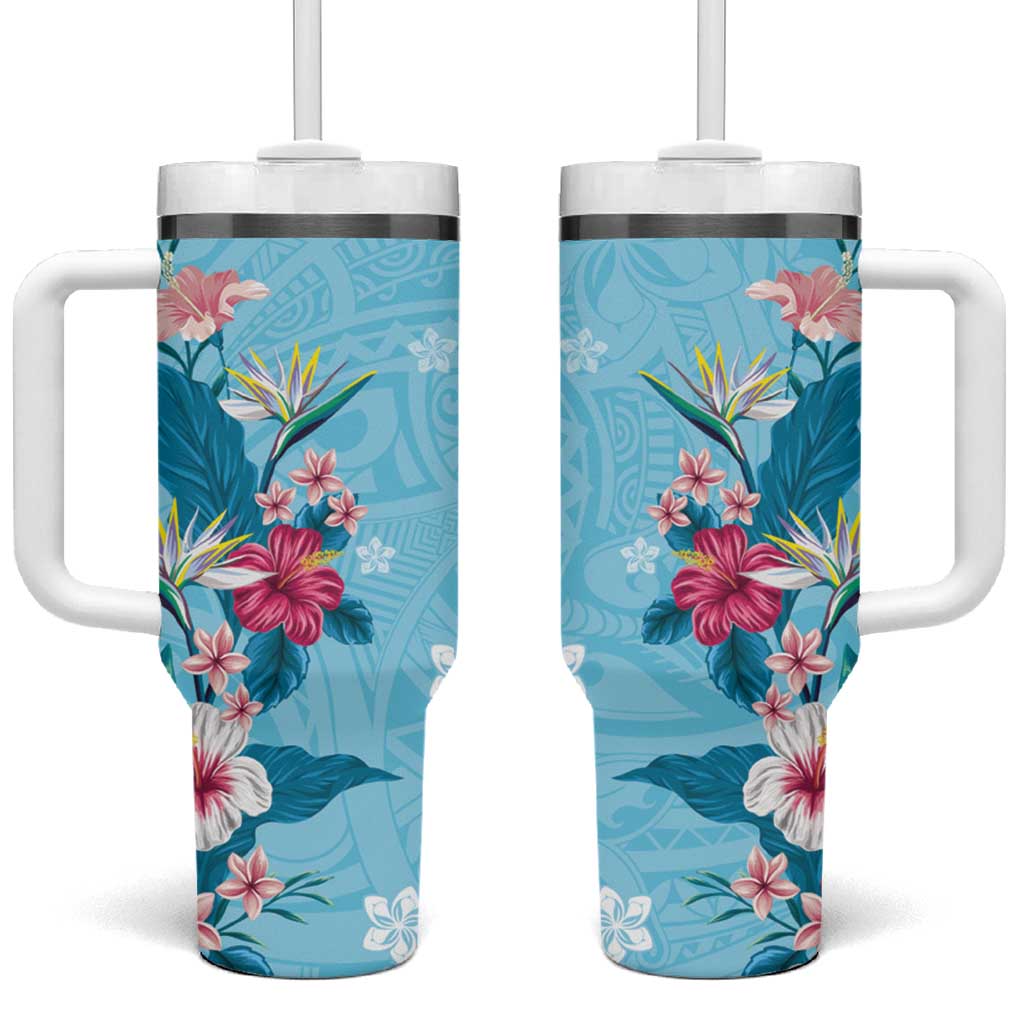 Hawaii Tropical Flowers Tumbler With Handle Polynesian Tattoo Sky Blue LT05 One Size: 40 oz Blue - Polynesian Pride