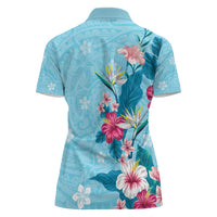 Hawaii Tropical Flowers Women Polo Shirt - Polynesian Tattoo Sky Blue LT05 - Polynesian Pride