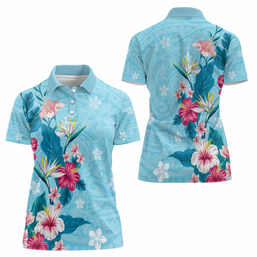 Hawaii Tropical Flowers Women Polo Shirt - Polynesian Tattoo Sky Blue LT05 - Polynesian Pride
